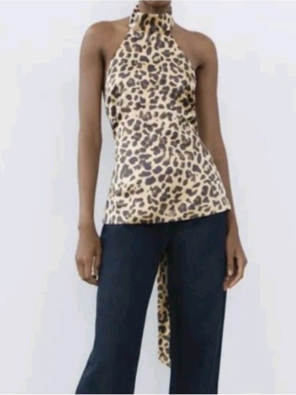 Zara Beige and Brown Leopard Halter Tie-Back Tank